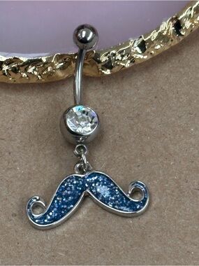 CLEAR GEM BLUE GLITTER MUSTACHE DANGLE BELLY BUTTON RING NAVEL PIERCING NEW 14G